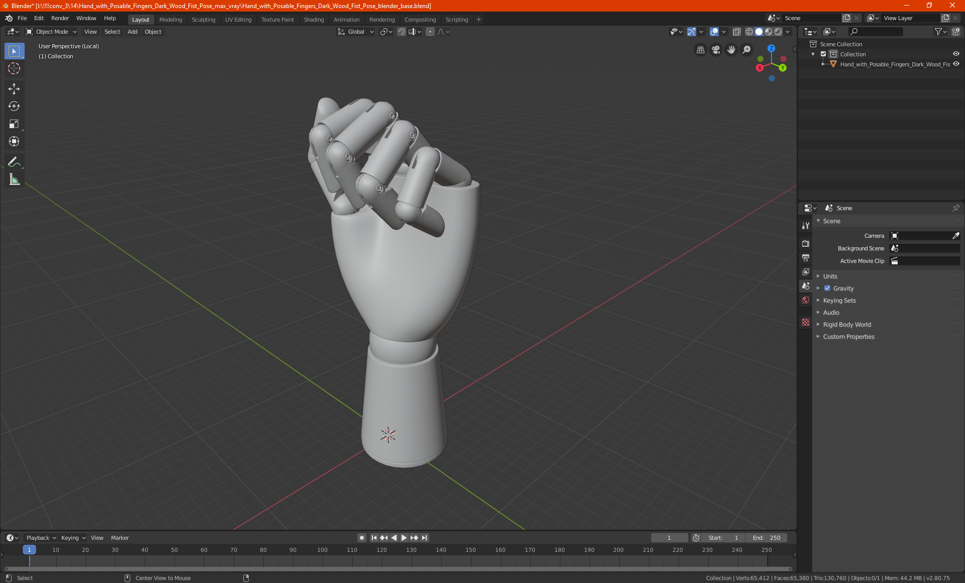3D model Hand with Posable Fingers Dark Wood Fist Pose