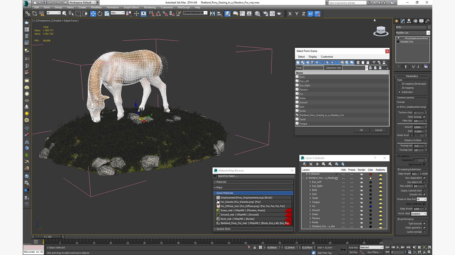 Shetland Pony Grazing in a Meadow Fur 3D