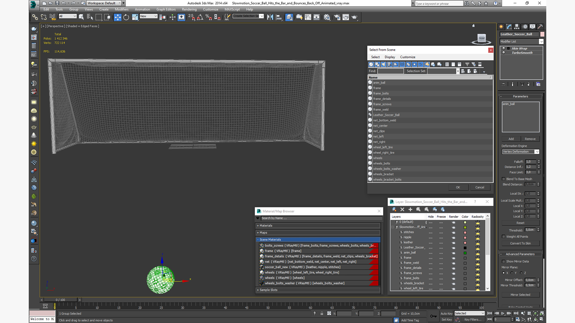 3D model Animated Slowmotion Soccer Ball Hits the Bar and Bounces Back Off