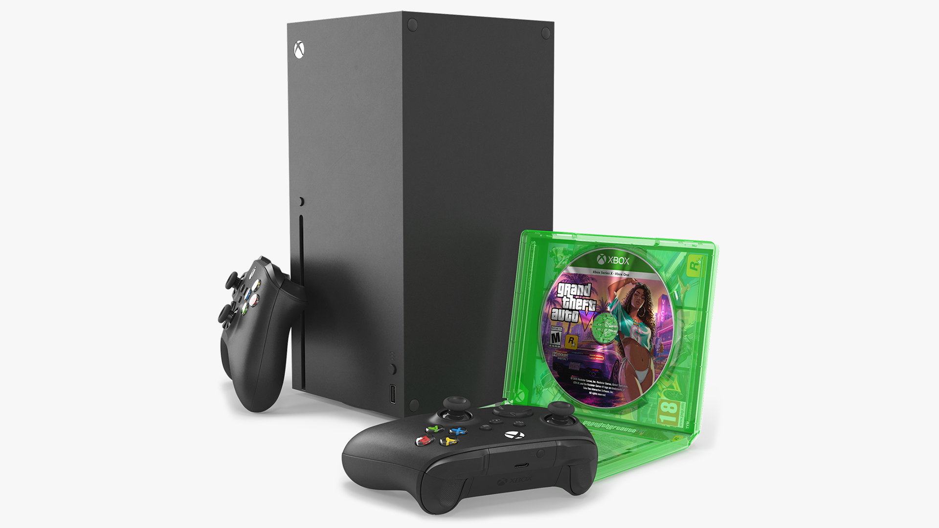 Xbox X and Controllers with GTA VI Disc and Case