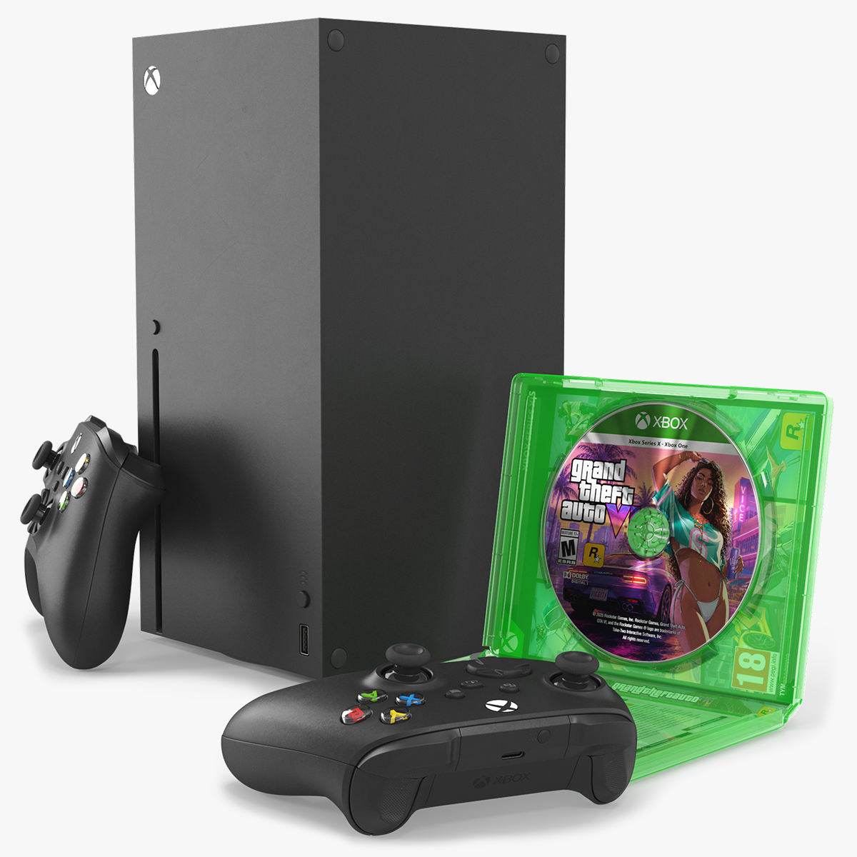 Xbox X and Controllers with GTA VI Disc and Case