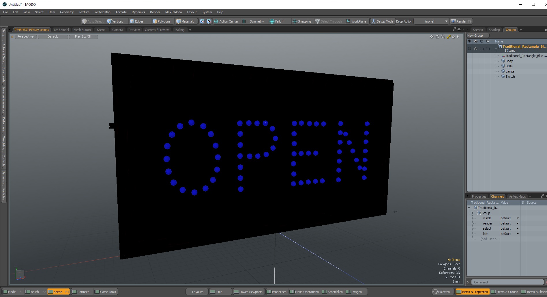 3D Traditional Rectangle Blue LED Neon Sign Open ON model