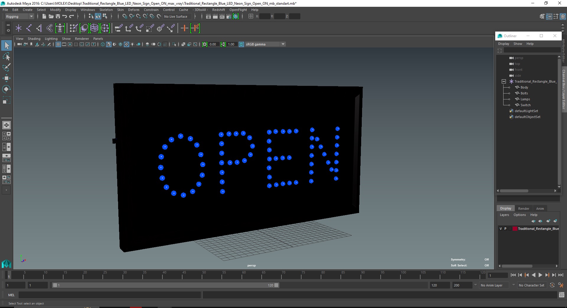 3D Traditional Rectangle Blue LED Neon Sign Open ON model