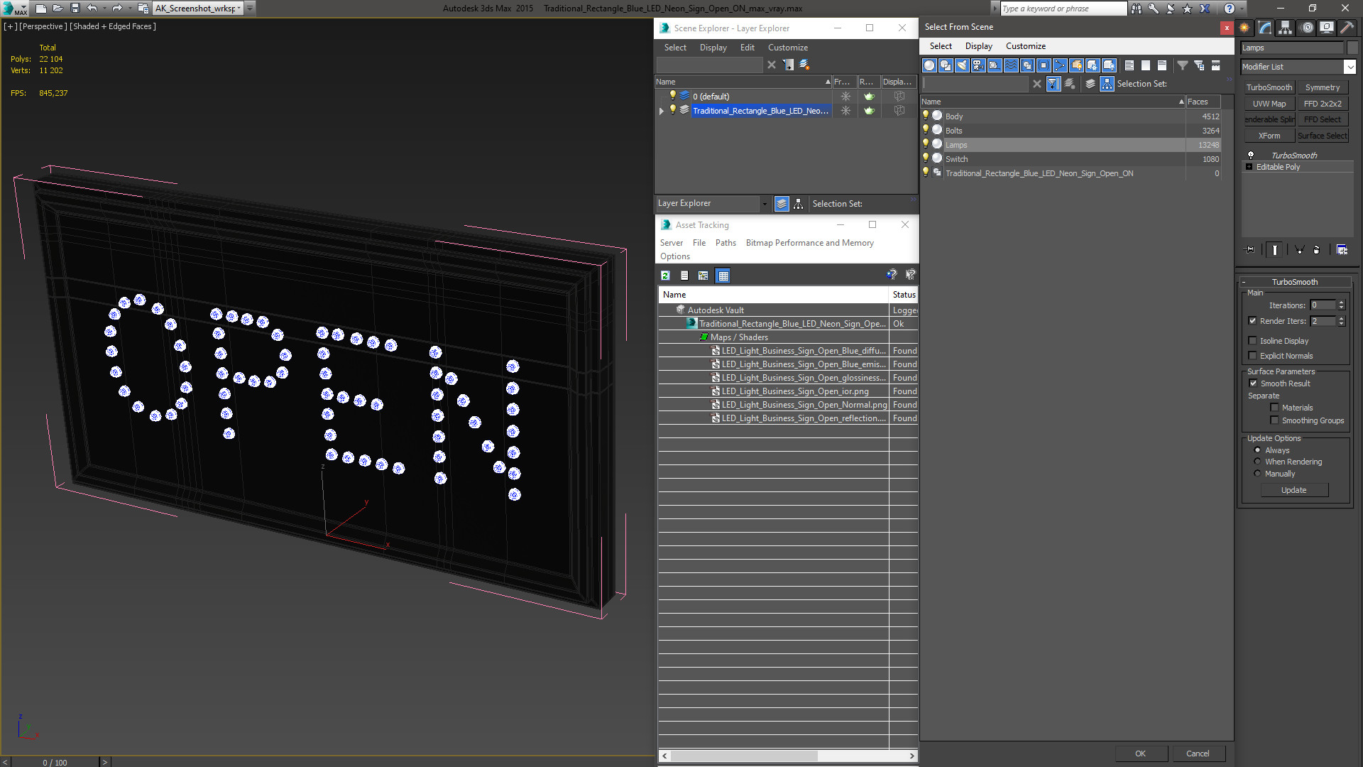3D Traditional Rectangle Blue LED Neon Sign Open ON model