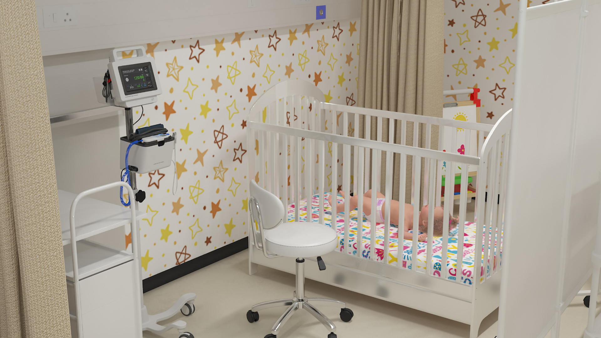 3D Large Pediatric Hospital Ward with People