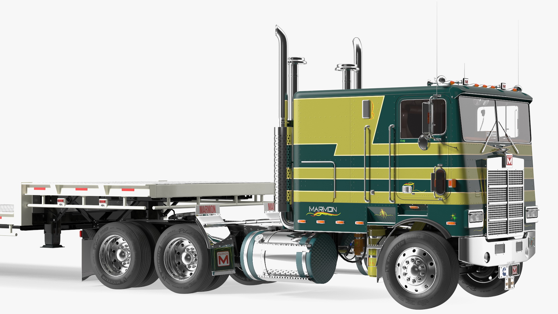 Marmon Truck with Single Drop Tri Axle Extendable Trailer 3D