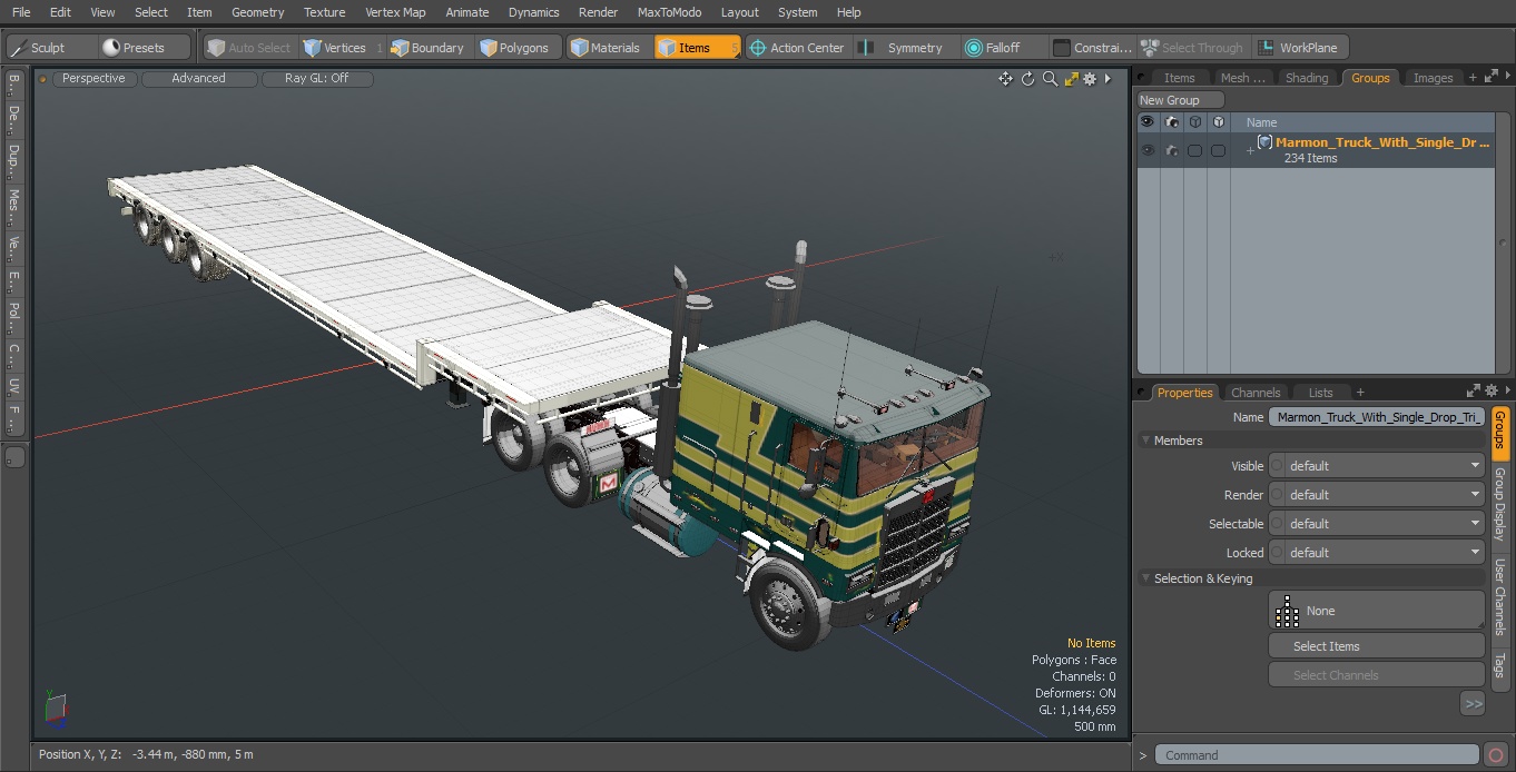 Marmon Truck with Single Drop Tri Axle Extendable Trailer 3D