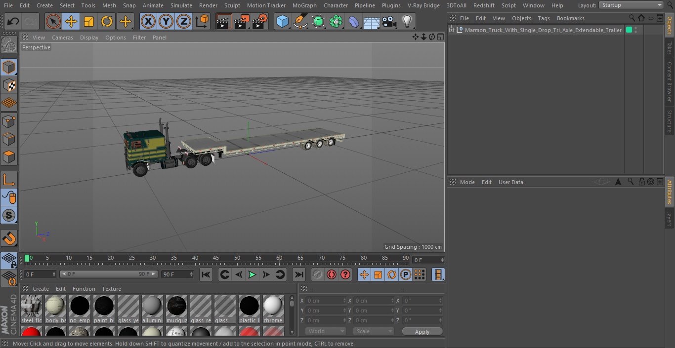 Marmon Truck with Single Drop Tri Axle Extendable Trailer 3D