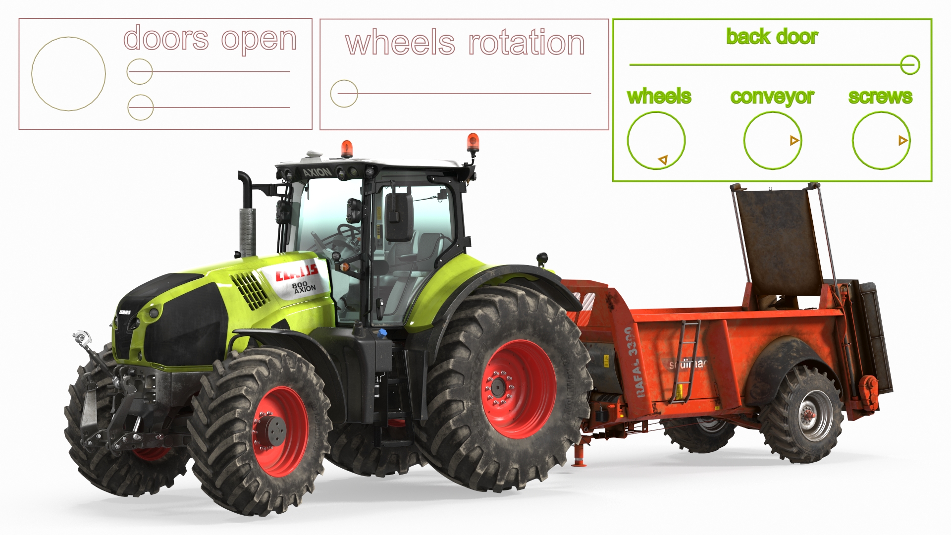 3D Tractor Claas Axion 800 with Sodimac Rafal 3300 Spreader Rigged model