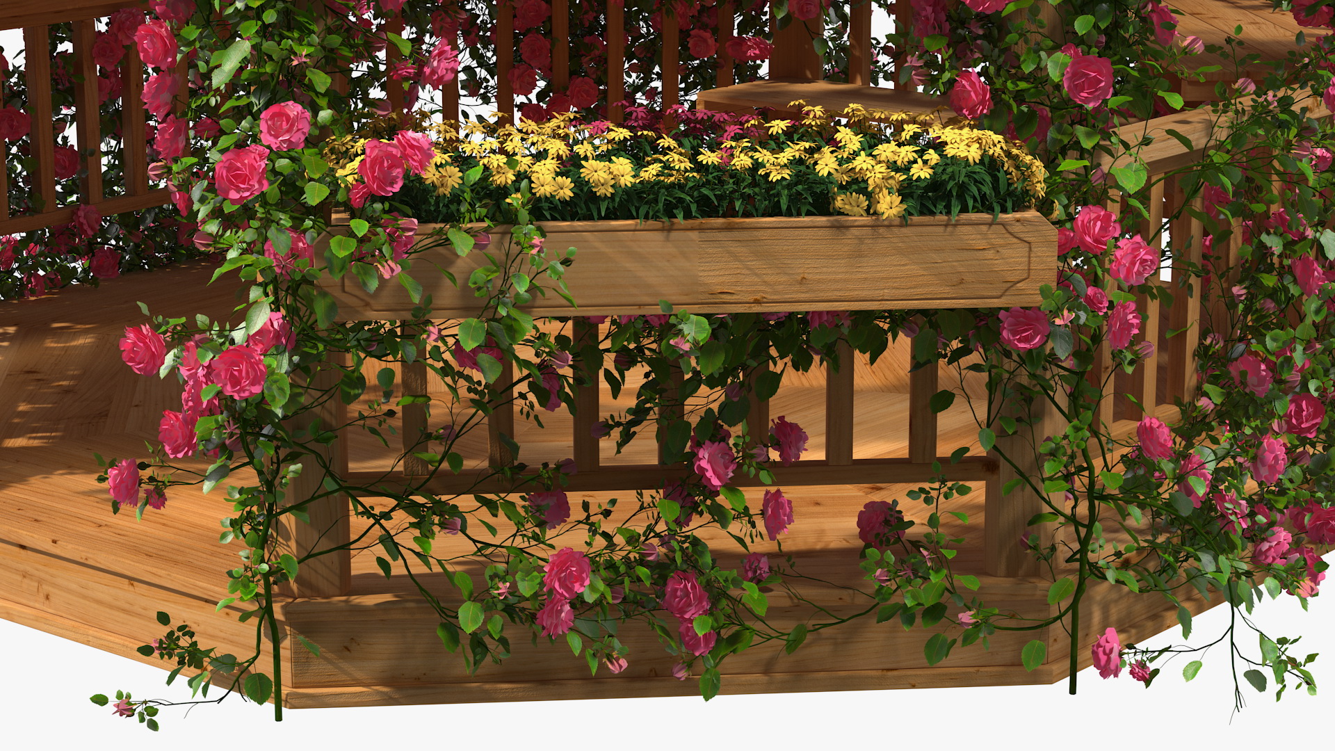 Wooden Gazebo Covered with Pink Roses 3D