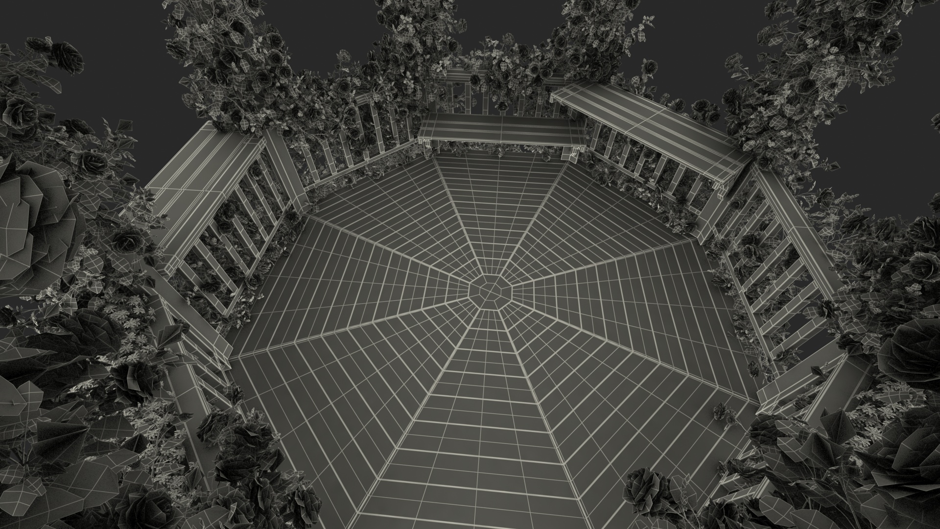 Wooden Gazebo Covered with Pink Roses 3D