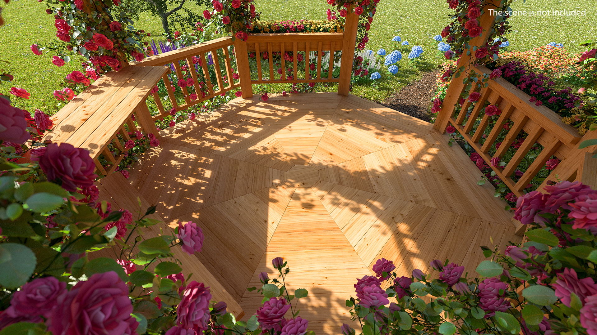 Wooden Gazebo Covered with Pink Roses 3D