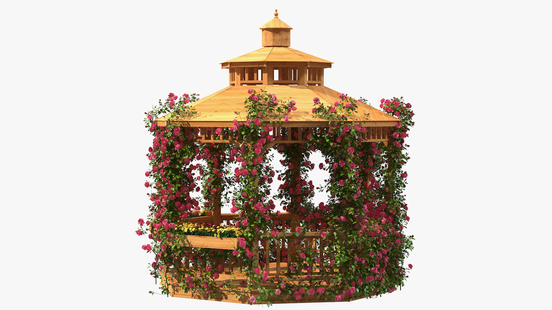 Wooden Gazebo Covered with Pink Roses 3D