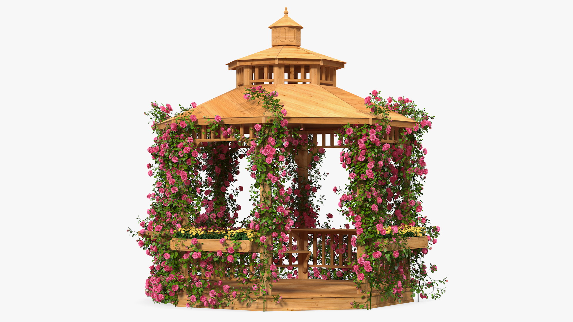 Wooden Gazebo Covered with Pink Roses 3D