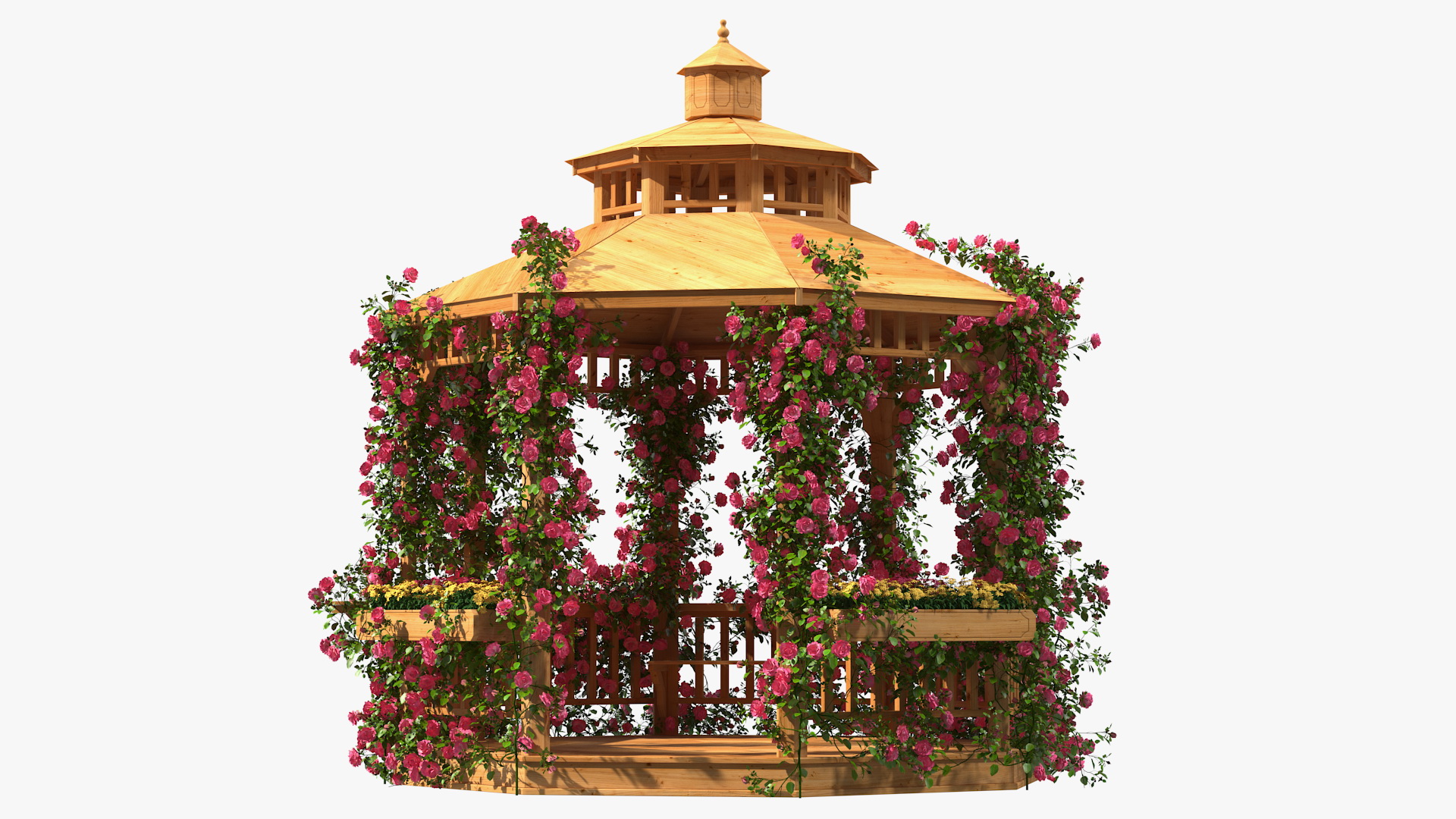 Wooden Gazebo Covered with Pink Roses 3D