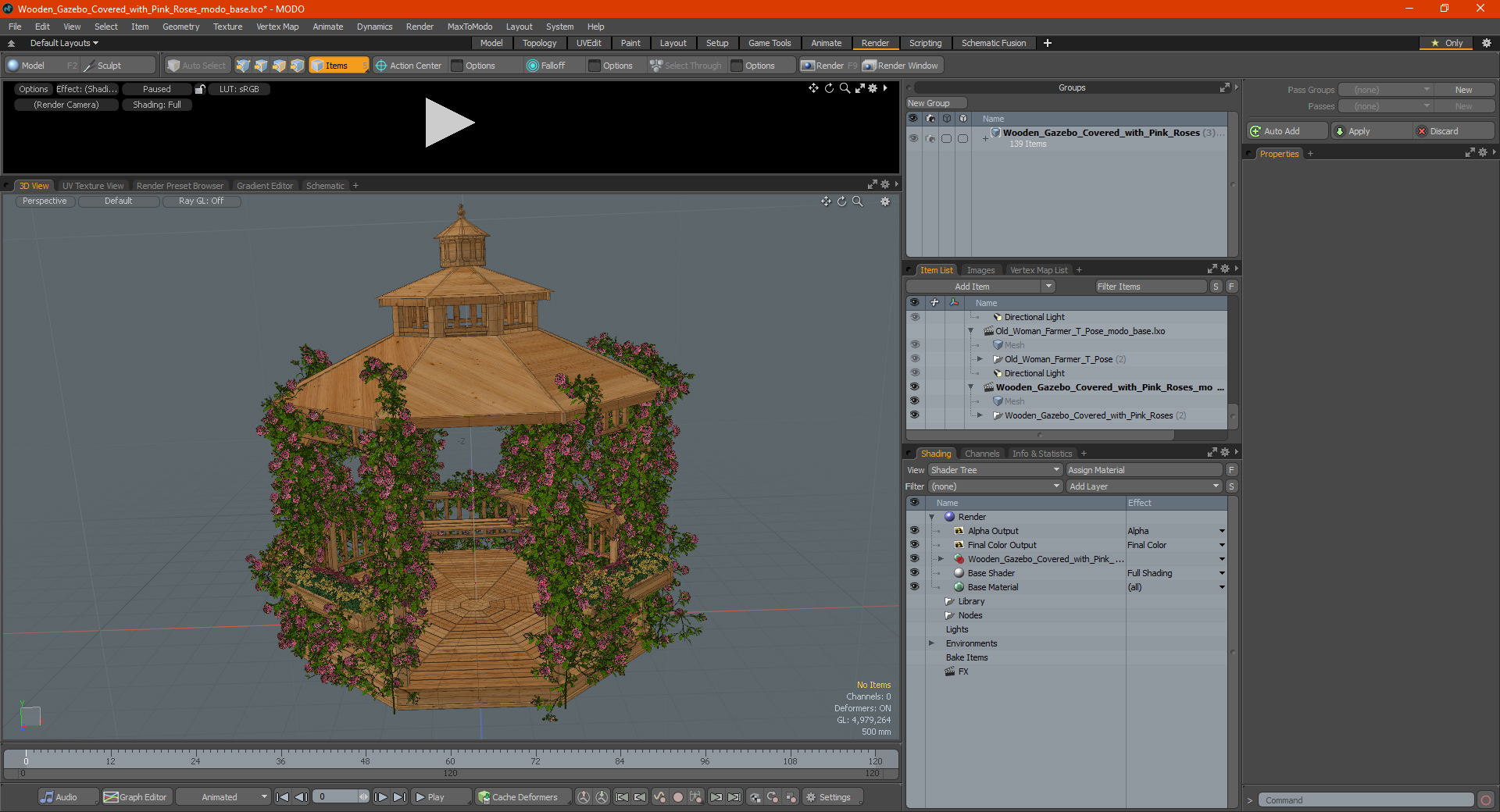 Wooden Gazebo Covered with Pink Roses 3D