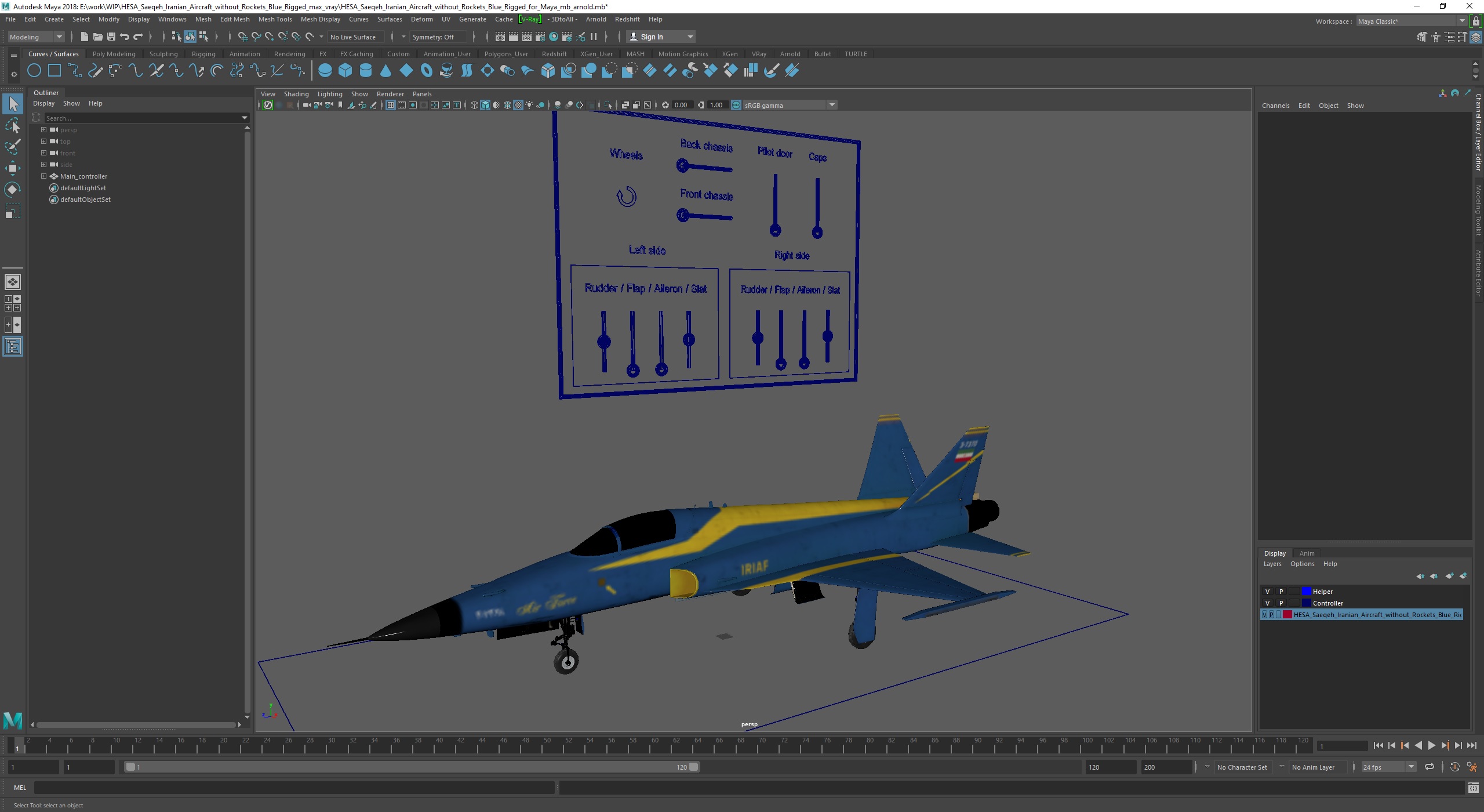 3D model HESA Saeqeh Iranian Aircraft without Rockets Blue Rigged for Maya