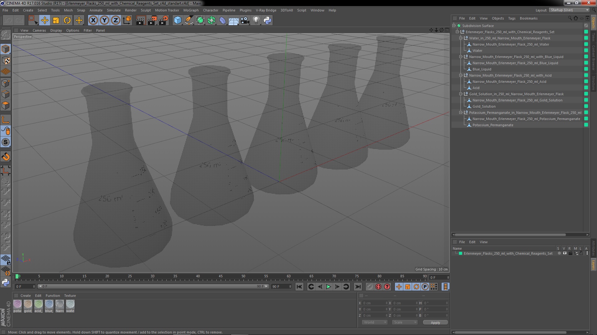 3D Erlenmeyer Flasks 250 ml with Chemical Reagents Set
