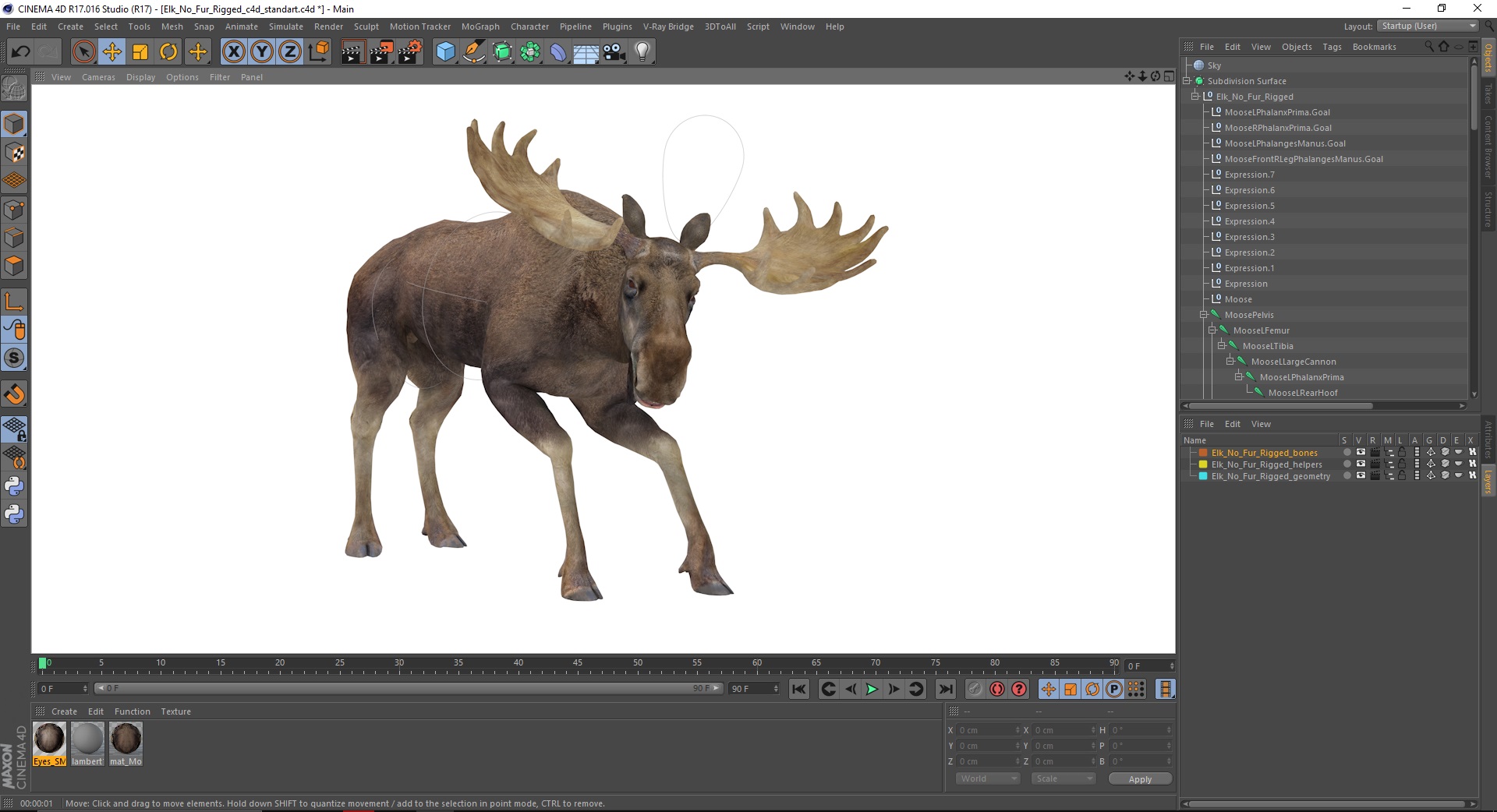 3D Elk No Fur Rigged for Cinema 4D