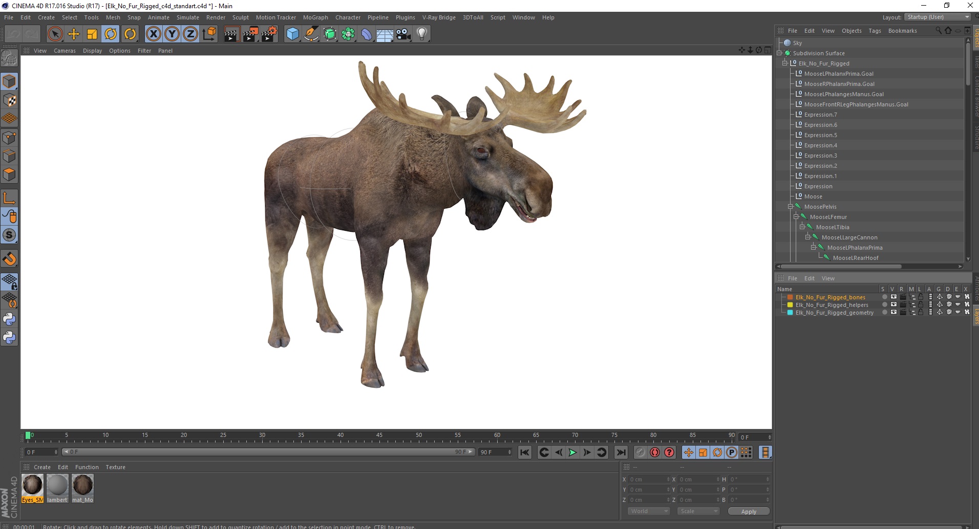 3D Elk No Fur Rigged for Cinema 4D
