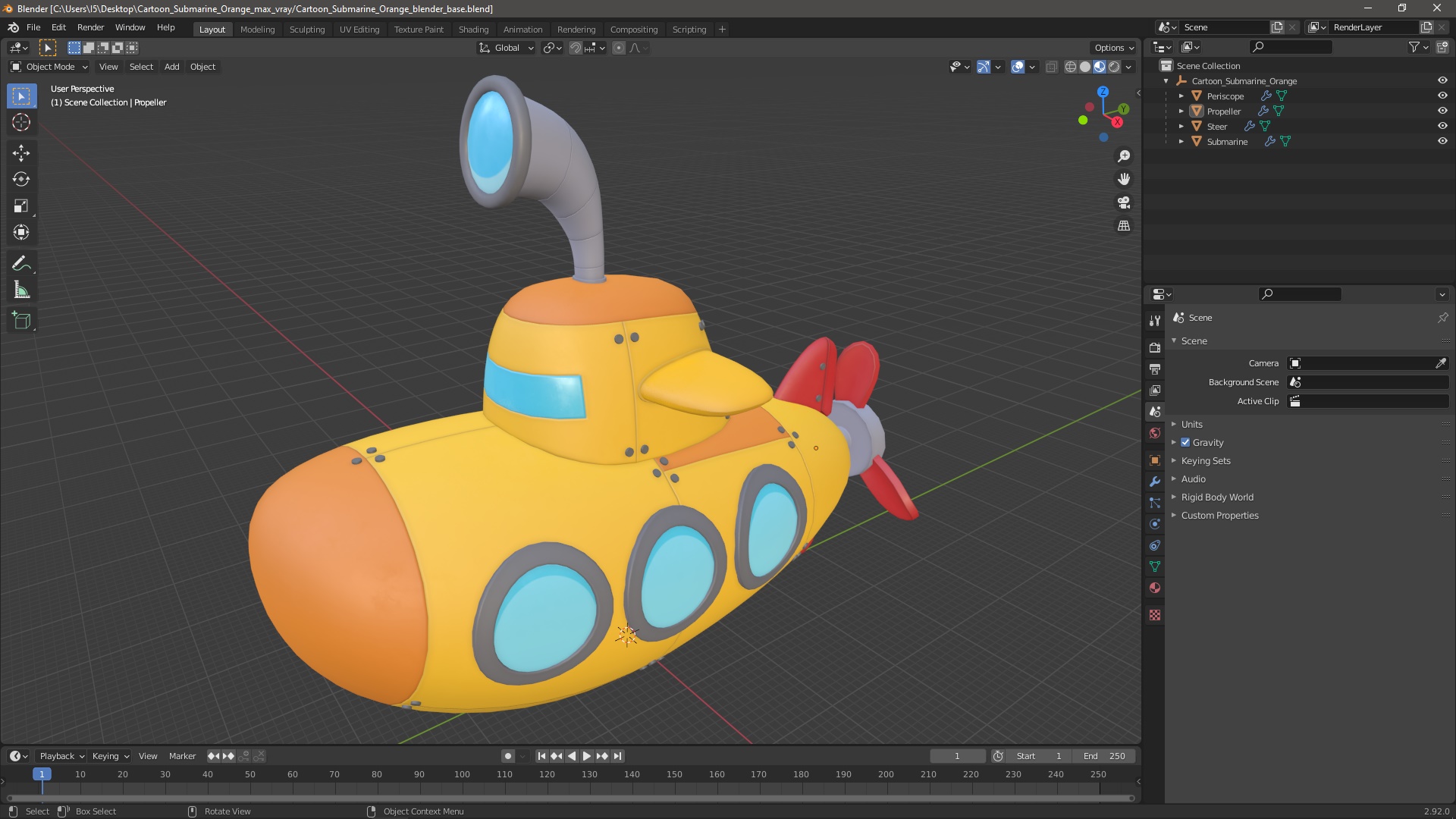 Cartoon Submarine Orange 3D model