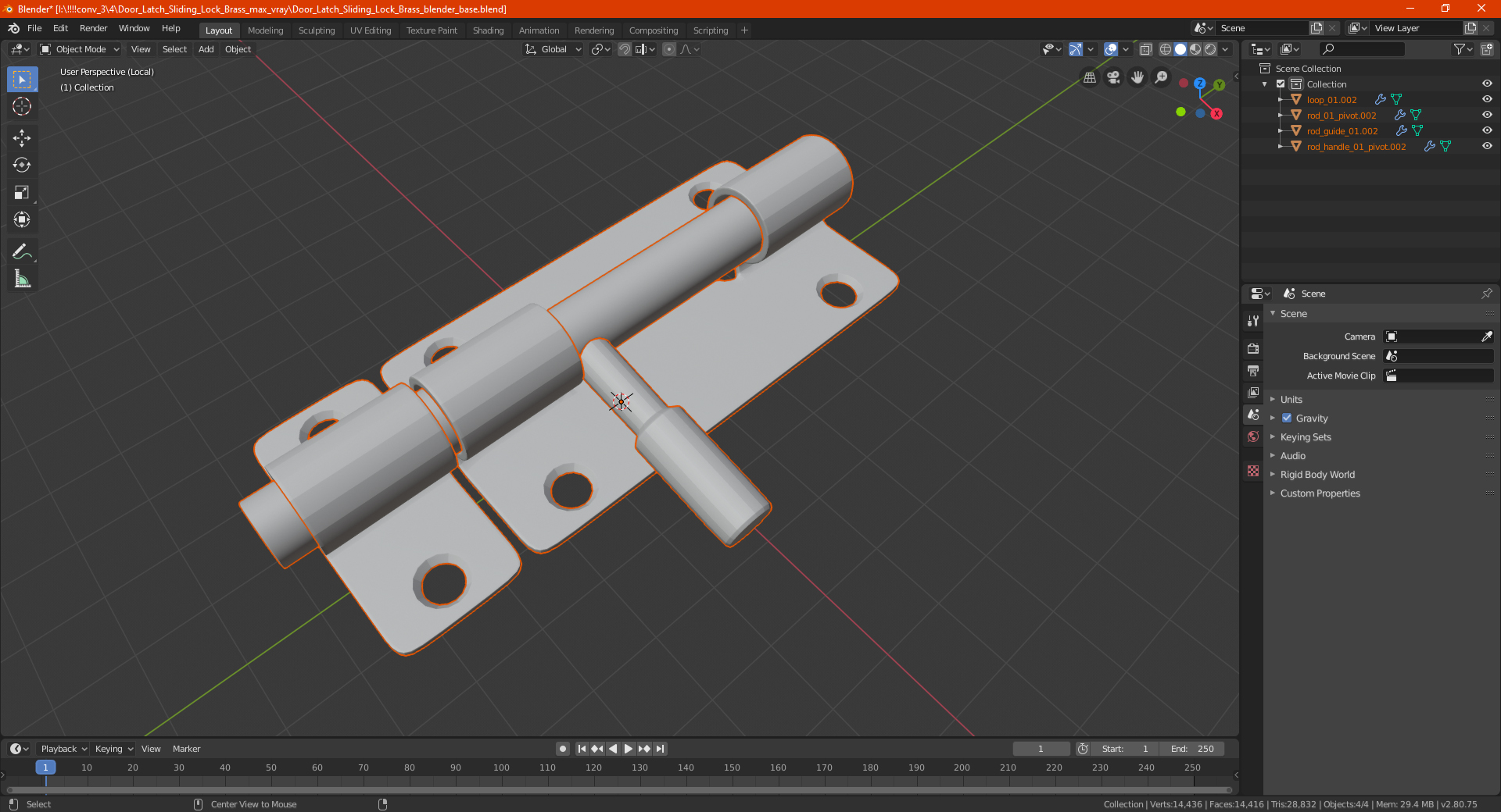 Door Latch Sliding Lock Brass 3D model