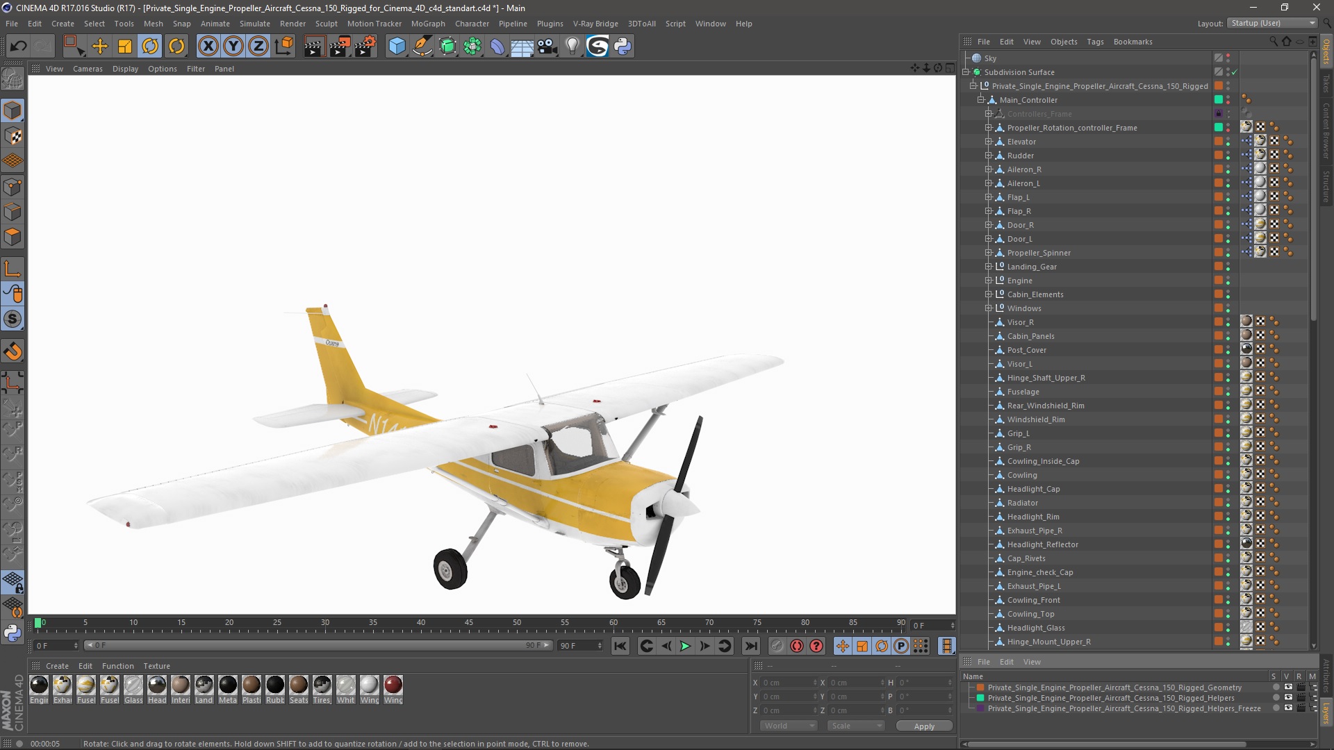 Private Single Engine Propeller Aircraft Cessna 150 Rigged for Cinema 4D 3D