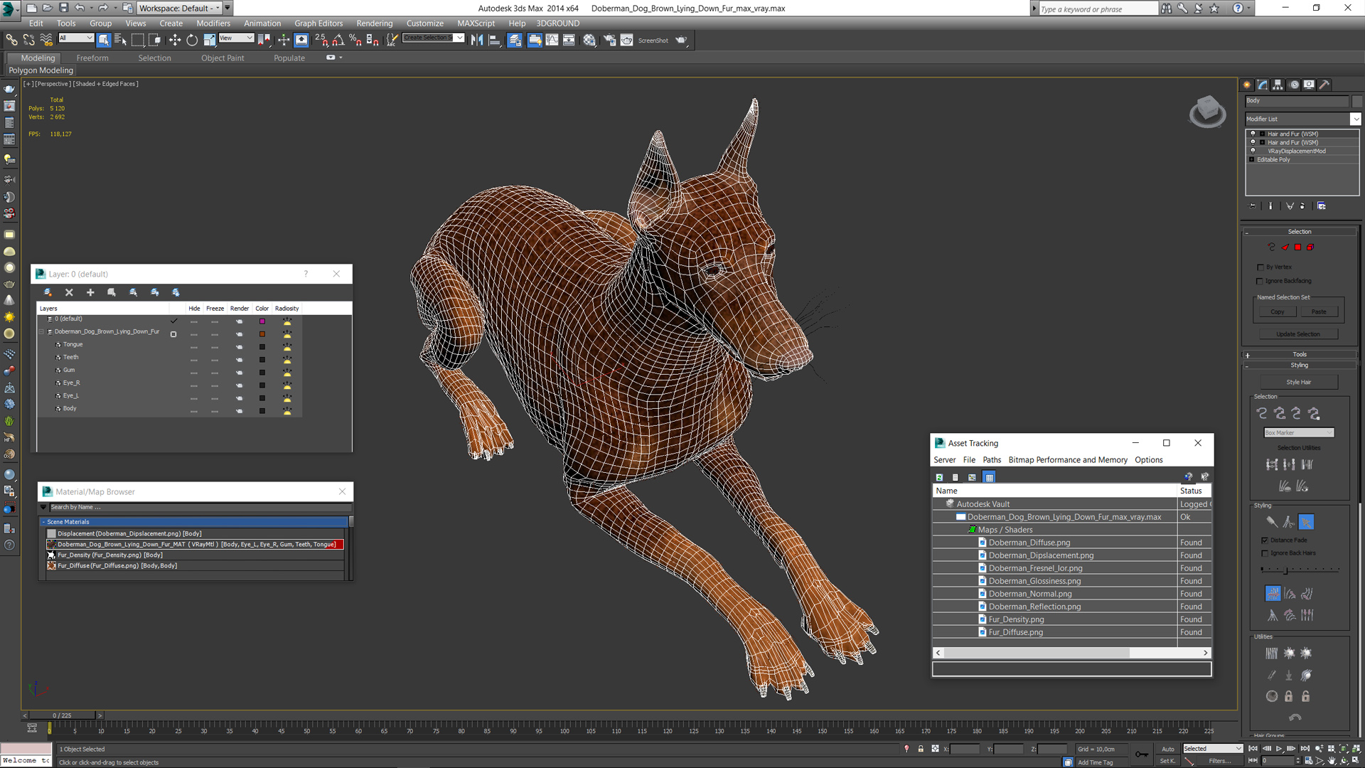 3D Doberman Dog Brown Lying Down Fur model