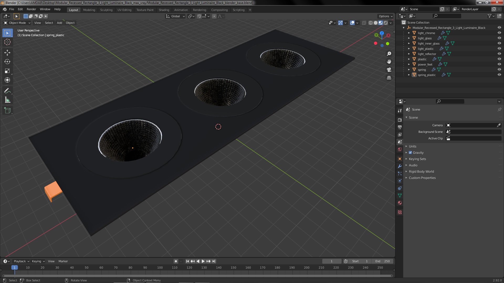 3D model Modular Recessed Rectangle 3 Light Luminaire Black