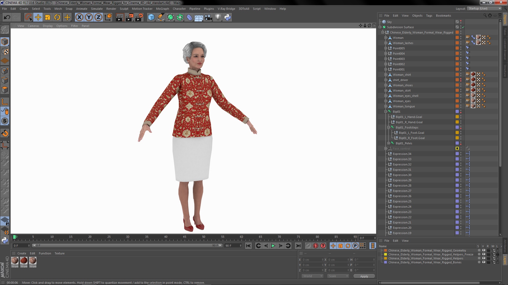 Chinese Elderly Woman Formal Wear Rigged for Cinema 4D 3D model