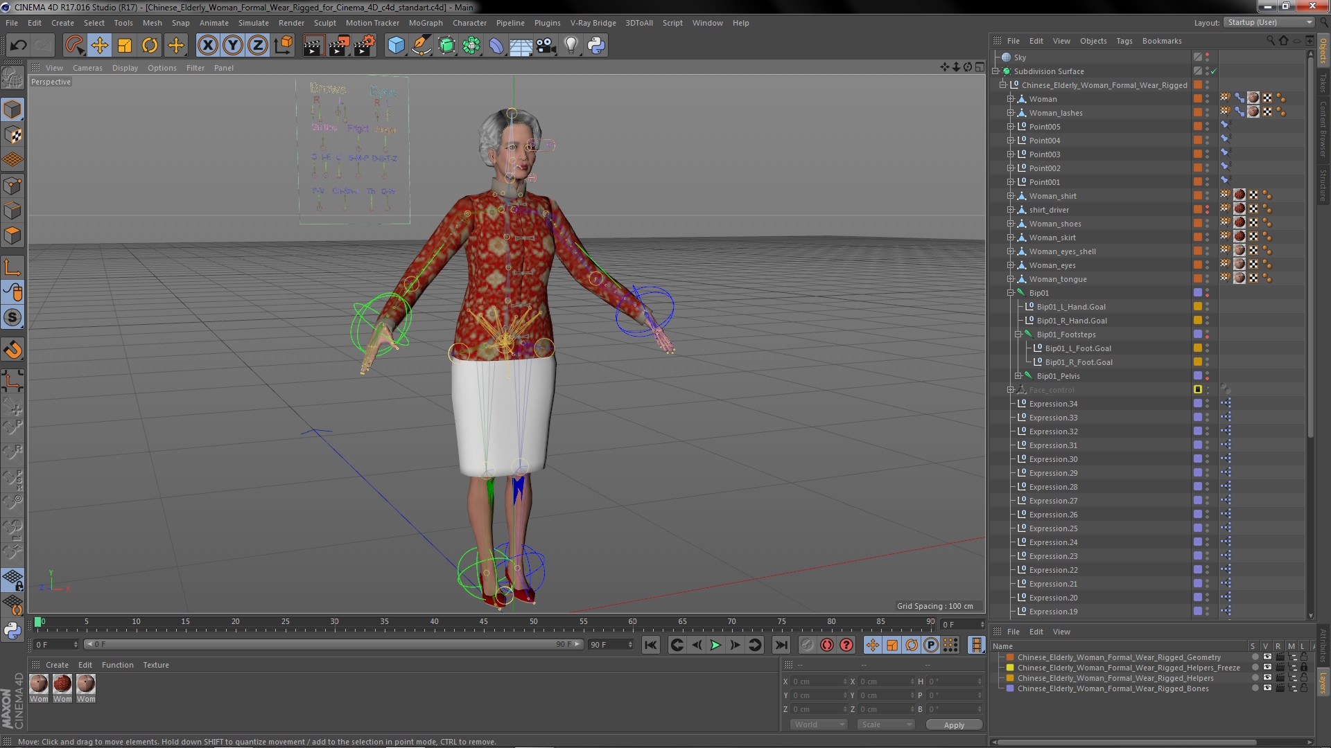 Chinese Elderly Woman Formal Wear Rigged for Cinema 4D 3D model