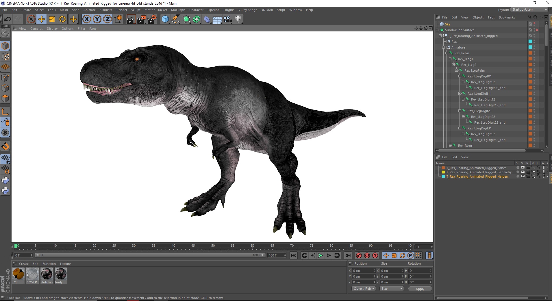 3D T Rex Roaring Animated Rigged for Cinema 4D model