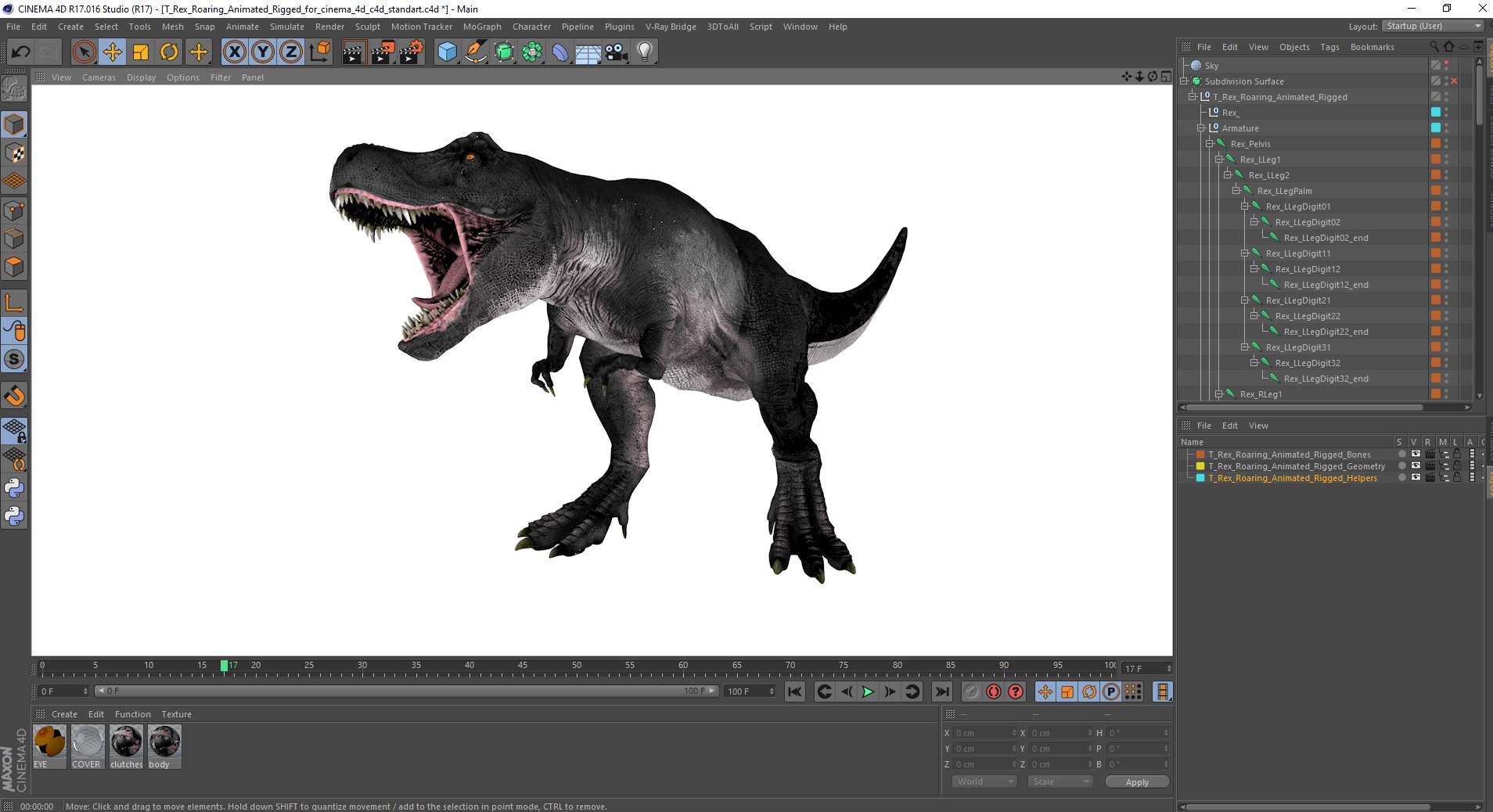 3D T Rex Roaring Animated Rigged for Cinema 4D model