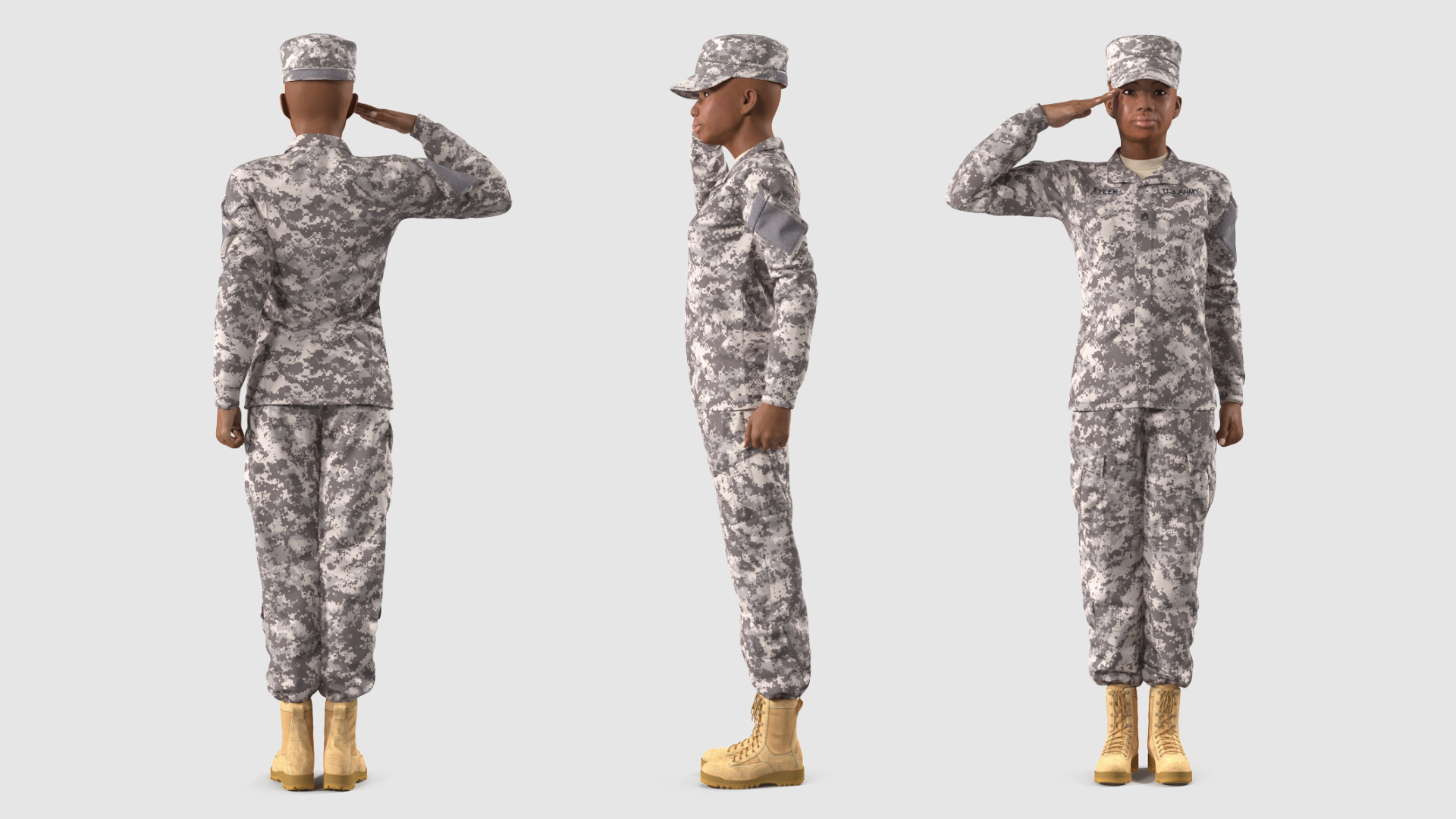 3D Black Female Soldier ACU Saluting Pose model