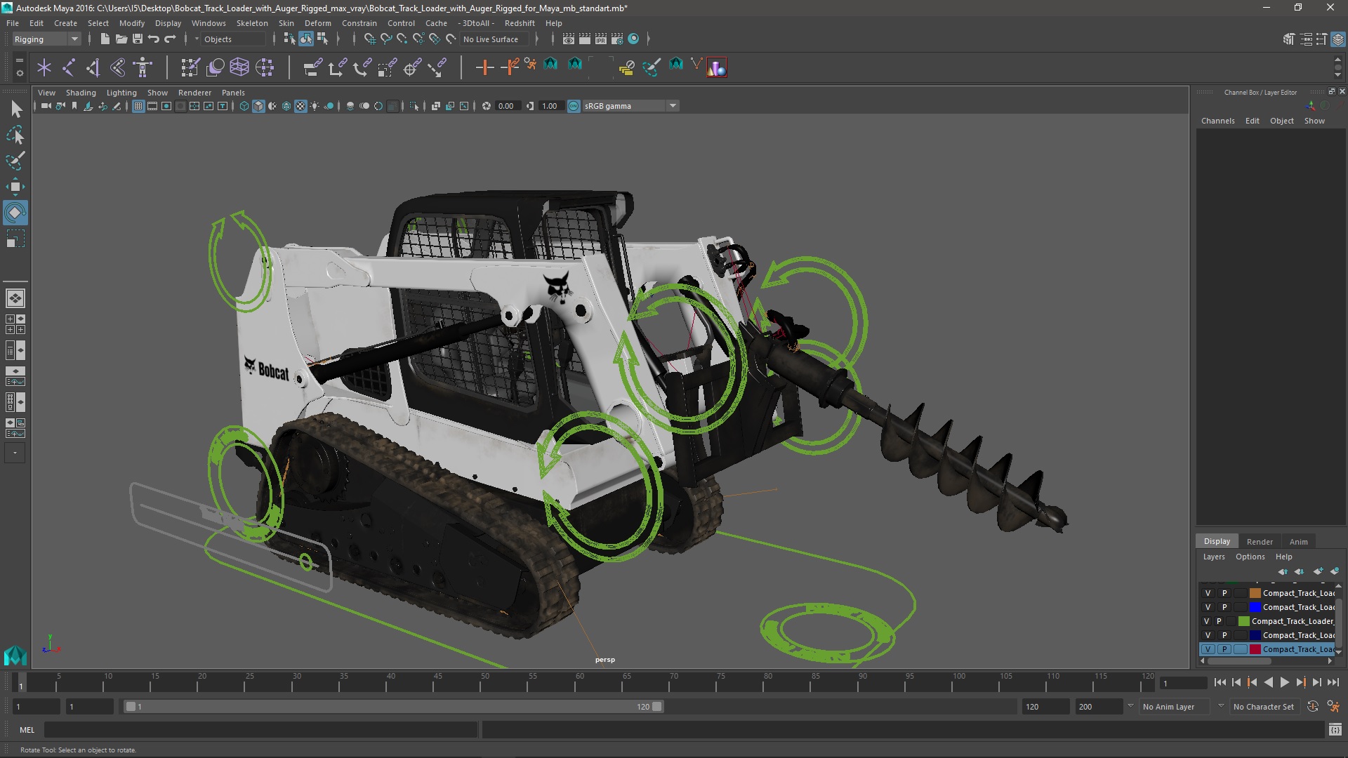 3D Bobcat Track Loader with Auger Rigged for Maya