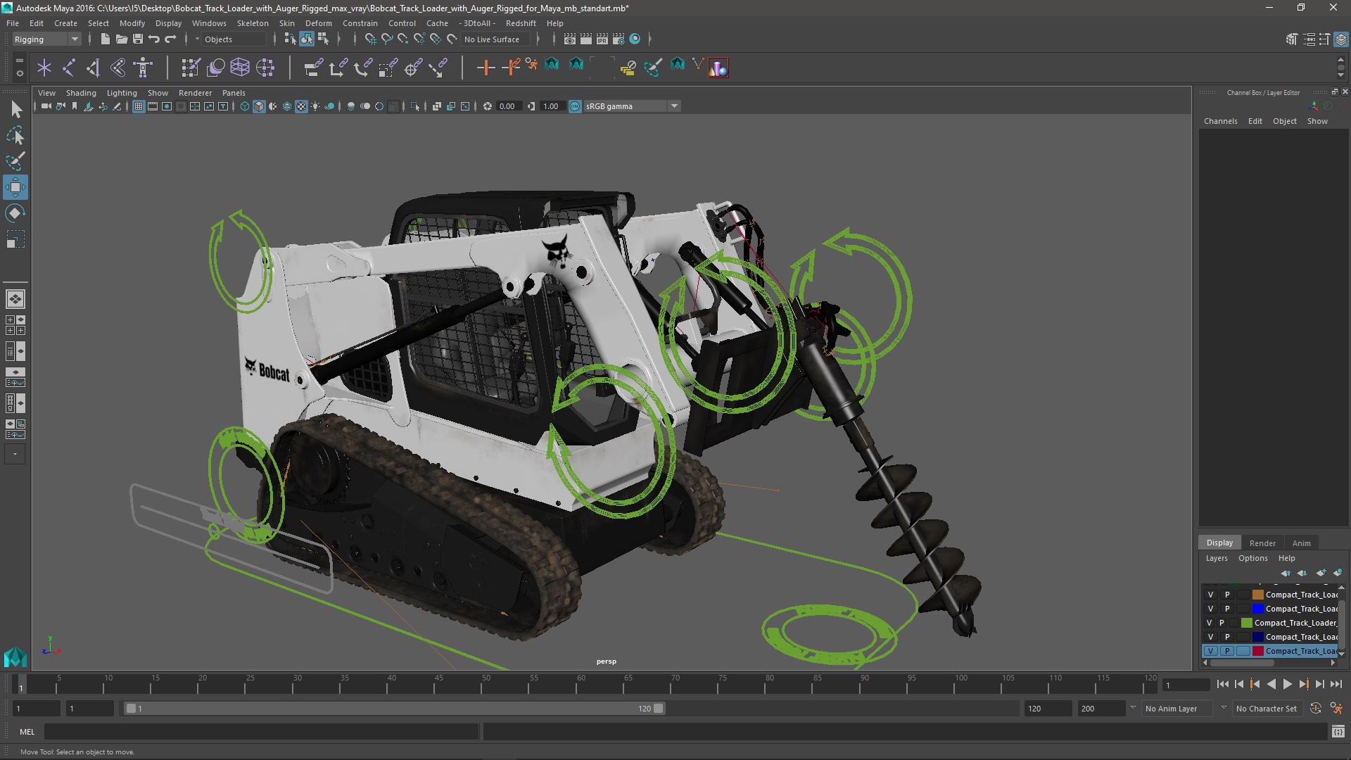 3D Bobcat Track Loader with Auger Rigged for Maya