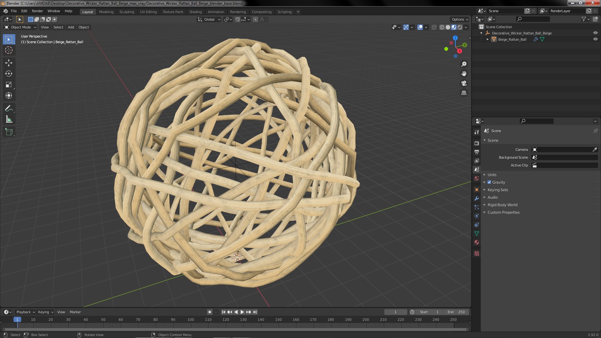 3D model Decorative Wicker Rattan Ball Beige
