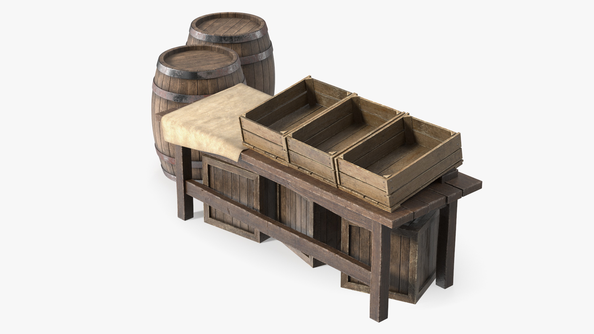 3D Wooden Market Stall with Barrels and Crates model