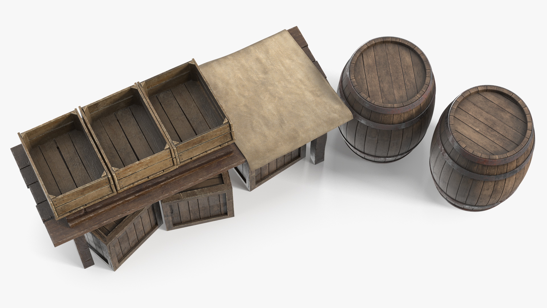 3D Wooden Market Stall with Barrels and Crates model