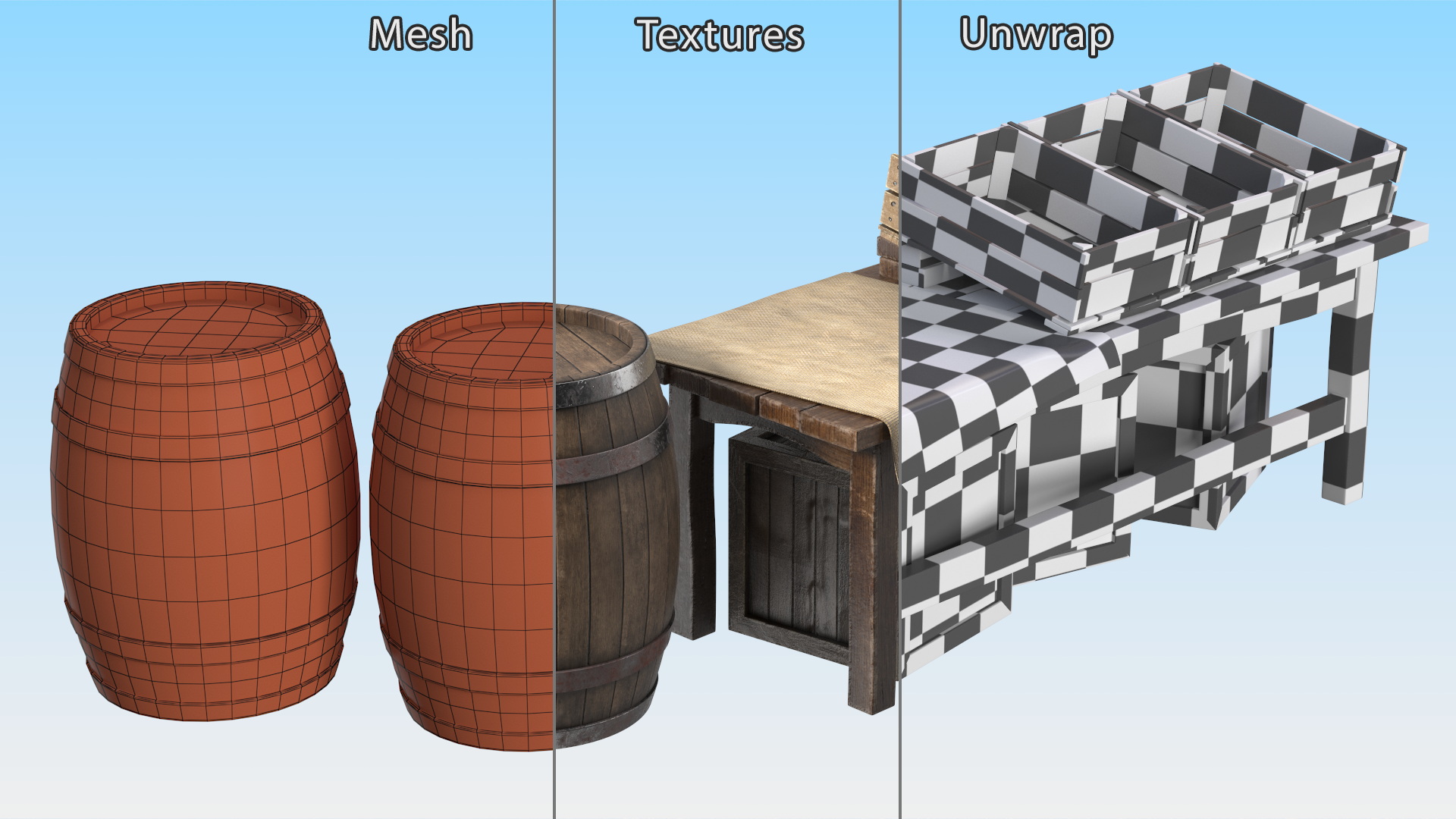 3D Wooden Market Stall with Barrels and Crates model