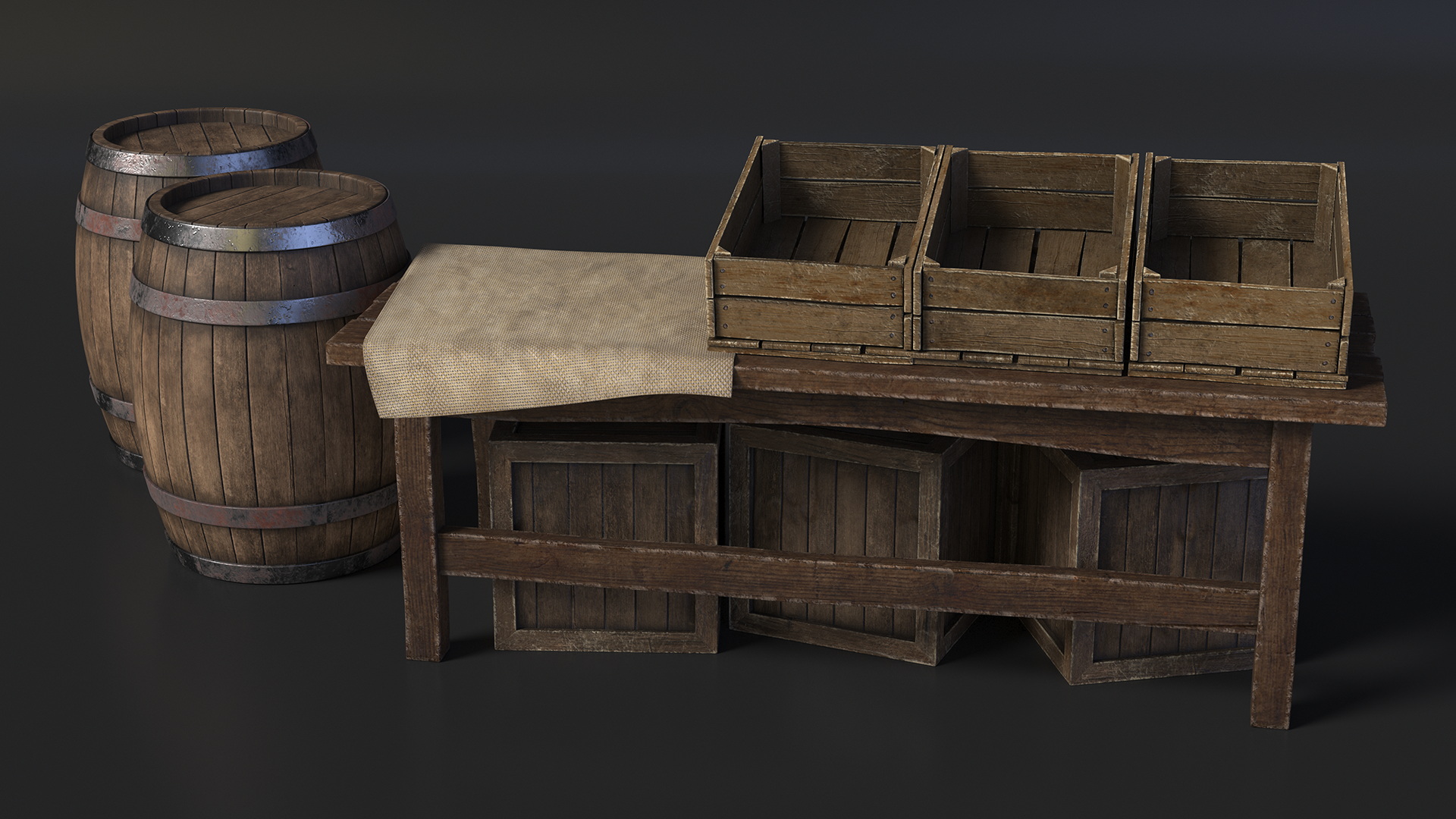 3D Wooden Market Stall with Barrels and Crates model
