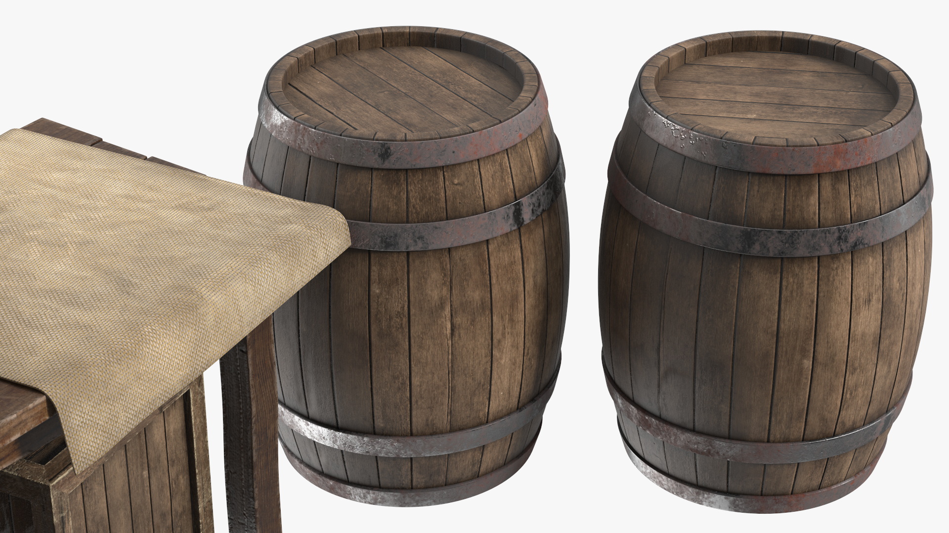 3D Wooden Market Stall with Barrels and Crates model