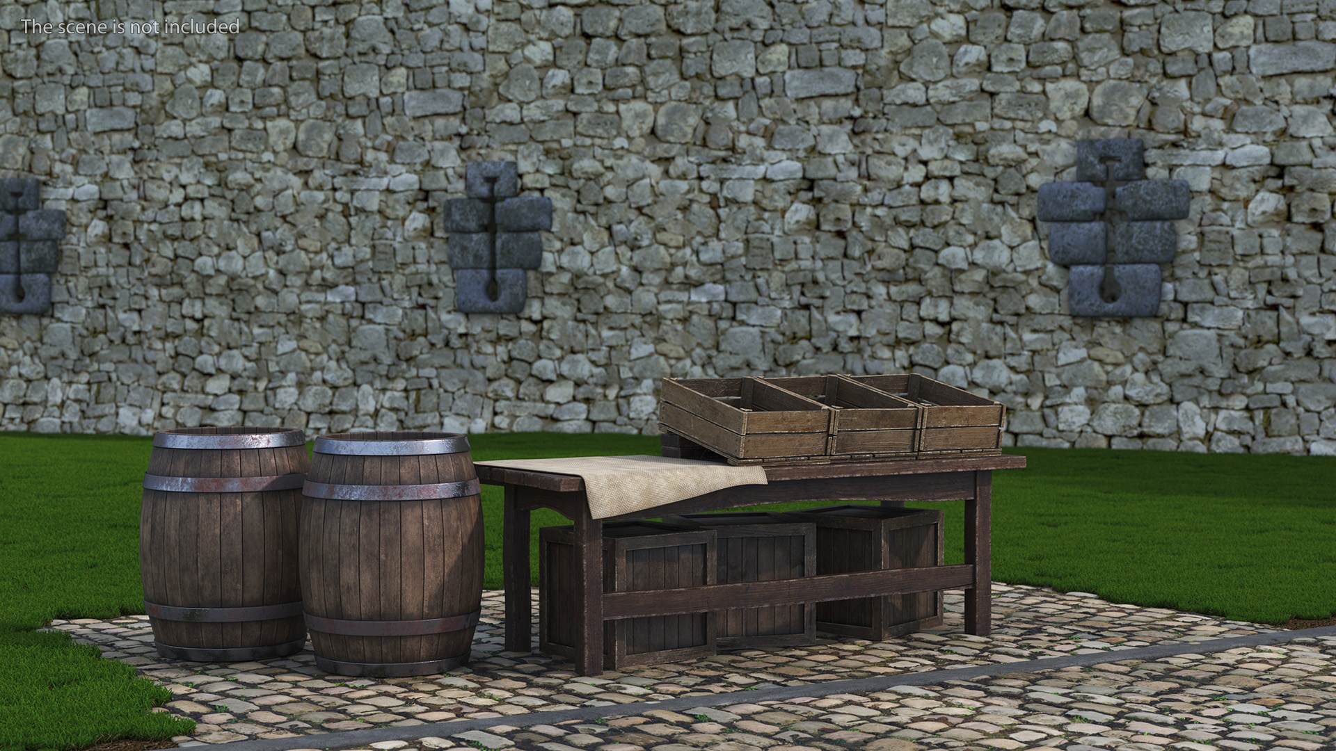 3D Wooden Market Stall with Barrels and Crates model