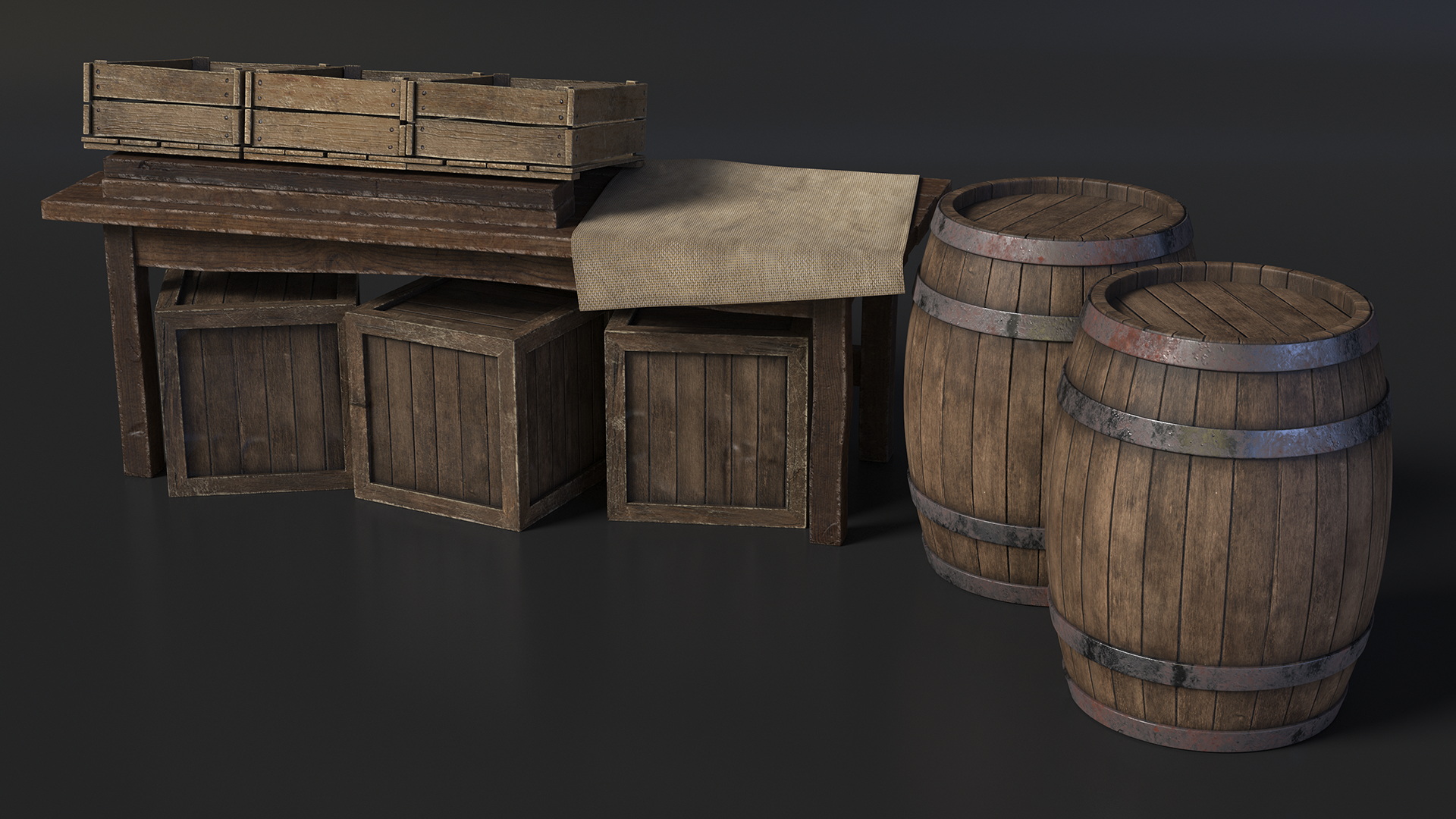 3D Wooden Market Stall with Barrels and Crates model