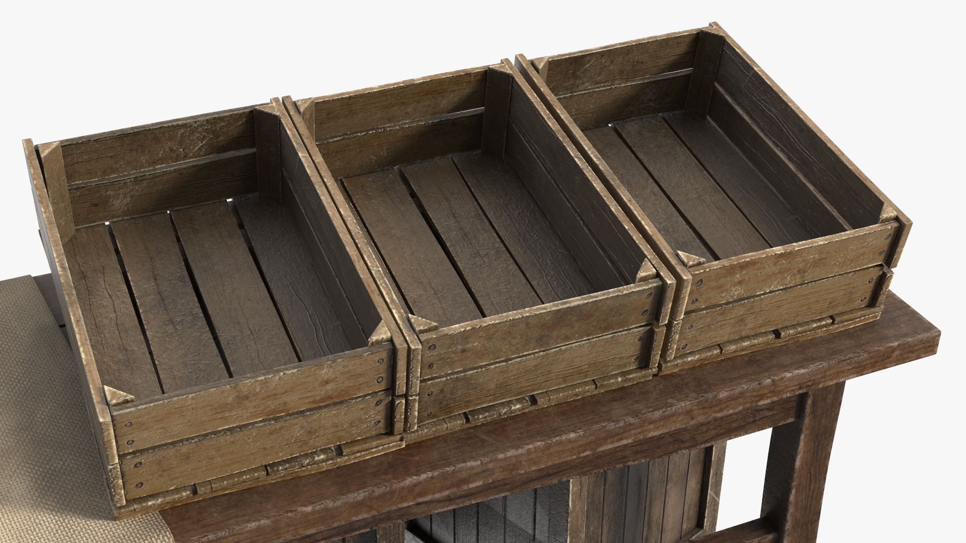 3D Wooden Market Stall with Barrels and Crates model