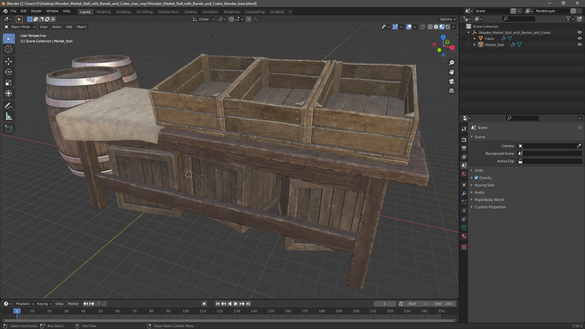 3D Wooden Market Stall with Barrels and Crates model