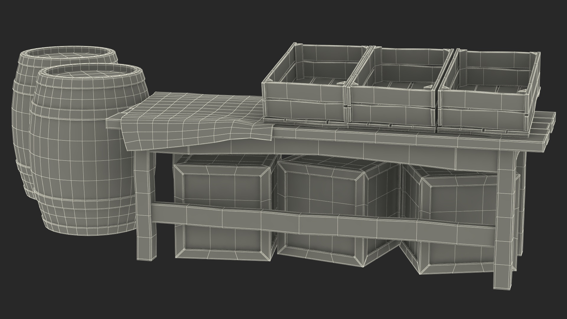 3D Wooden Market Stall with Barrels and Crates model