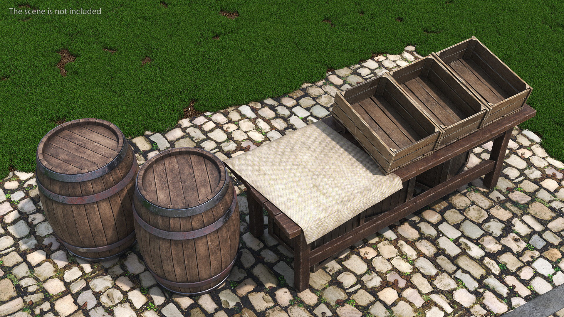 3D Wooden Market Stall with Barrels and Crates model