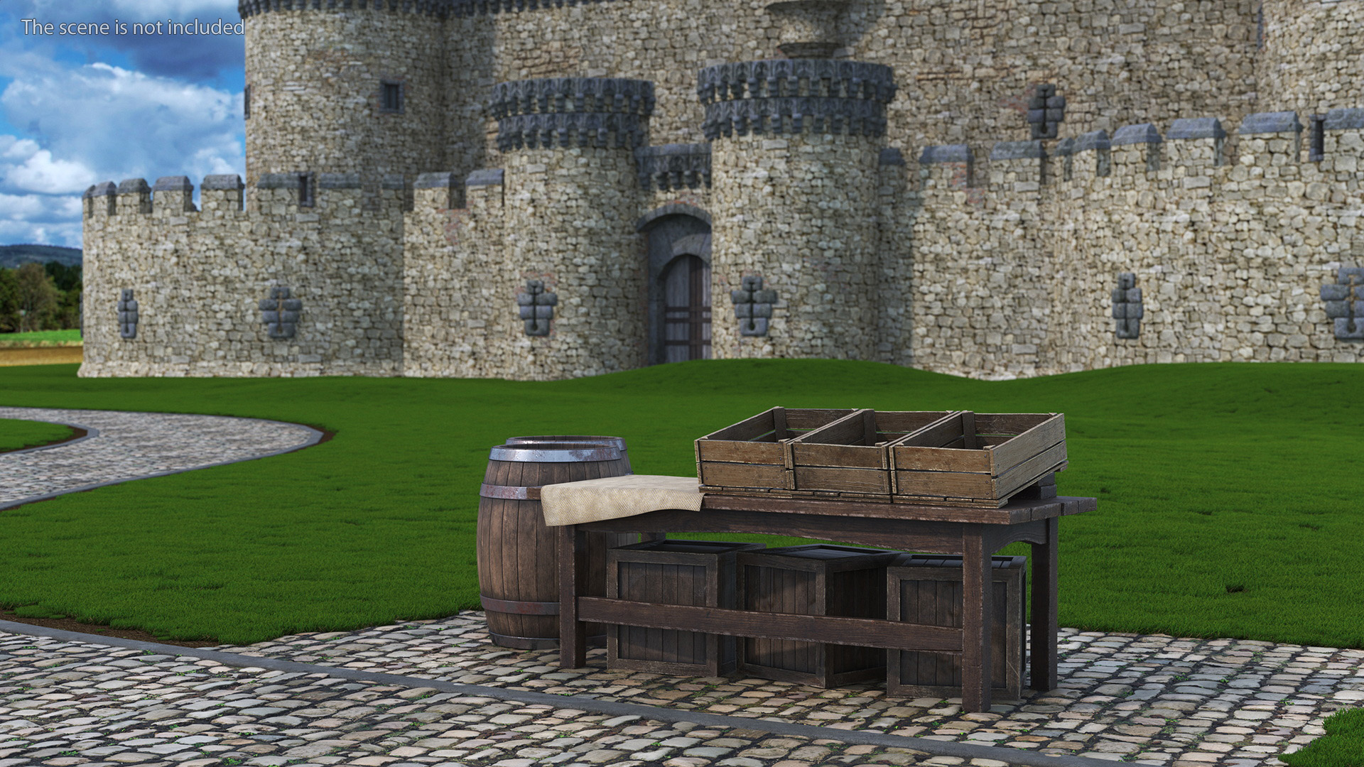 3D Wooden Market Stall with Barrels and Crates model