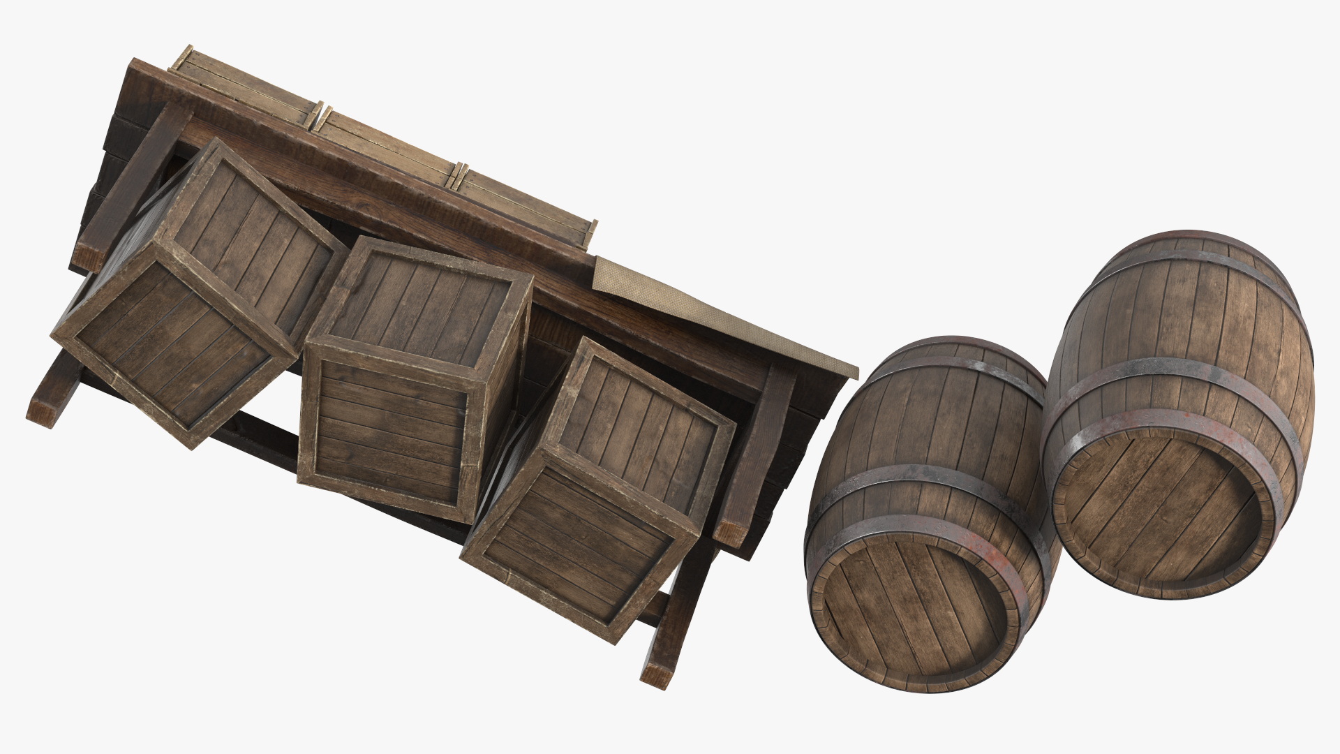 3D Wooden Market Stall with Barrels and Crates model